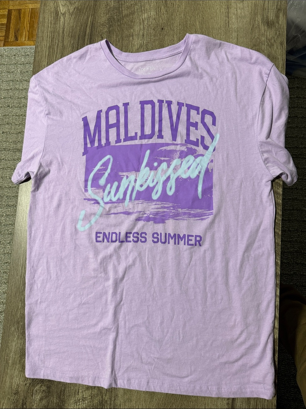 Zoe + Liv Lavender Graphic Tee with Purple and Light Aqua Print